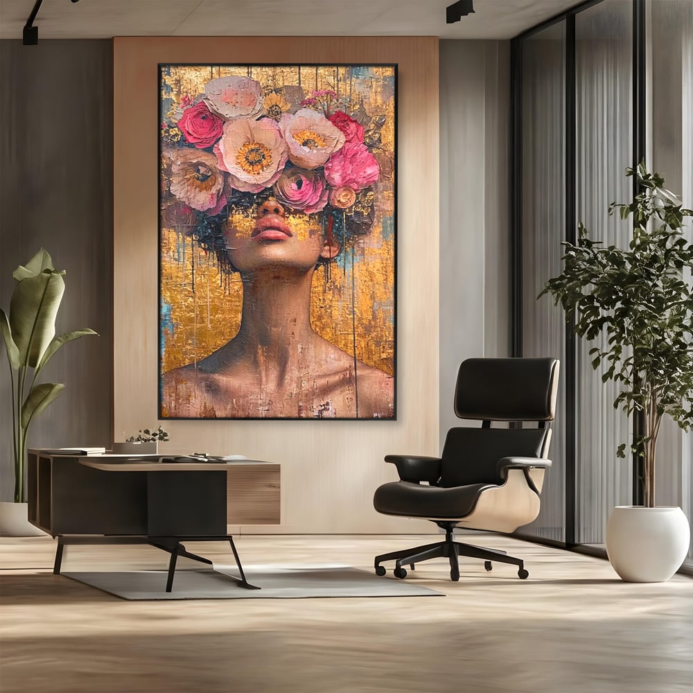 Tablou canvas cu tablou canvas cu portret artistic si flori, in rama de aluminiu negru, pe perete intr-un birou